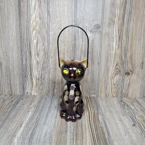 Vintage Inarco Cat Candle Holder Lantern, Marble Eyes, Ceramic Kitten Figurine
